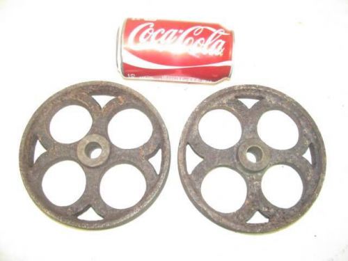 Nice 6-1/8&#034; pair antique cast iron hit &amp; miss gas engine cart truck wheels for sale
