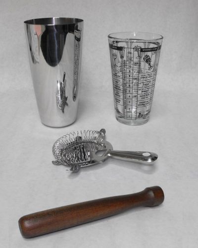 4 pc. BOSTON COCKTAIL SHAKER Mixing Glass, Strainer, Stainless Shaker, Muddler