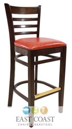 New wooden walnut ladder back restaurant bar stool with orange vinyl seat for sale