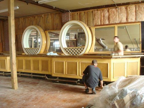 30&#039; Oak Bar with Brass Rails and Mirrors