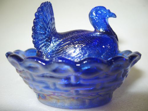 Cobalt Blue carnival glass salt celt hen turkey on nest basket dish dip chicken