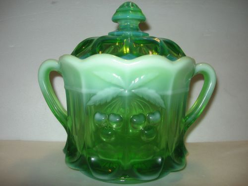 Green Opalescent glass Cherry and cable pattern Cookie sugar jar tobacco hanging