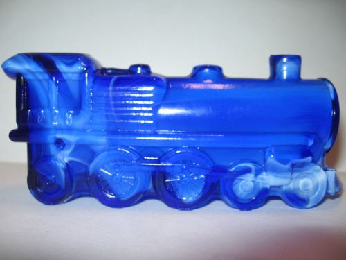 cobalt blue milk slag glass train engine railroad car RR Candy container marble