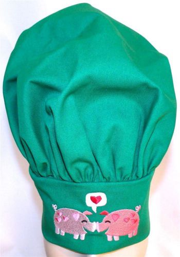 Pink Pig Pair &amp; Hearts Green Chef Hat Adult Adjustable Piggy Pigs Monogram NWT