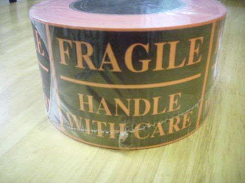 3X4 &#034;FRAGILE HANDLE WITH CARE&#034; BLACK/FL RED (ORANGE) ROLL OF 500 LABELS STICKERS