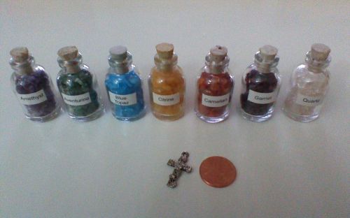 Amethyst, Blue topaz, Carnelian, Quartz bottled gemstones, minature, collectable