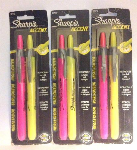 3 X Sharpie Accent Retrractable Highlighter~ Pink &amp; Yellow ~ 2 Pack ~ New/Sealed