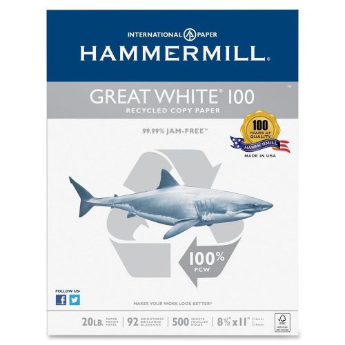 Hammermill Recycled Copy Paper, 92 Bright, 20 lb, 500 Sheets