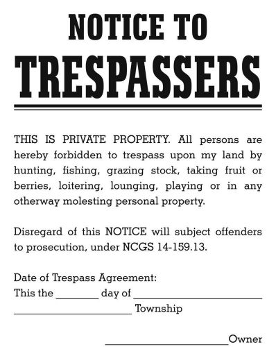 North Carolina Notice to Trespassers Signs lot of 5