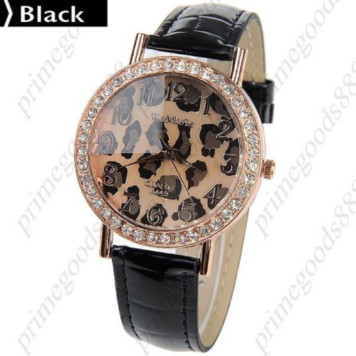 Round Leopard Rhinestone Quartz Wrist Wristwatch Free Shipping Women&#039;s Black