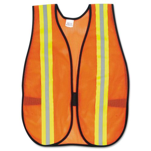 Orange safety vest, 2&#034; reflective strips, polyester, side straps, one size for sale