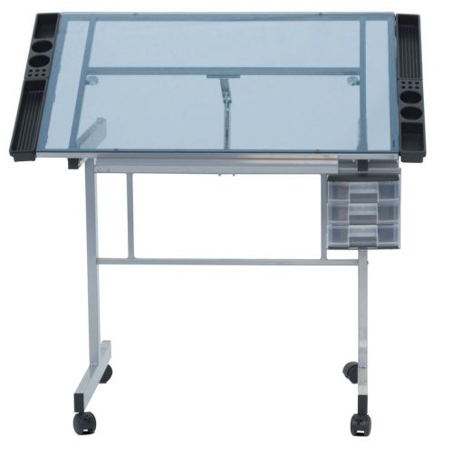 Drafting Table Drawing Art Craft Studio Office Storag Tempered Blue Glass Top