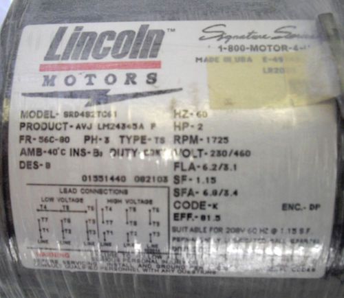 Lincoln Motor LM24345 model # SRD4S2TC61  2HP,1725RPM,56HC,DP,230/460V,3PH,60HZ