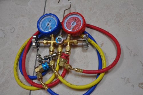 Tool kit:manifold gauge r22+hose set+car quick snap couplers+r134a can tap hvac for sale