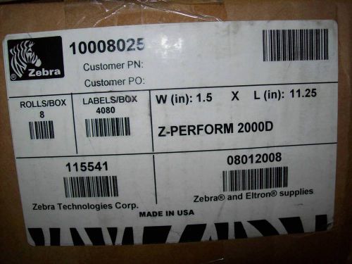 BOX of 8 ROLLS GENUINE ZEBRA 10008025 Z-PERFORM 2000D LABELS SIZE 1.5&#034; x 11.25&#034;
