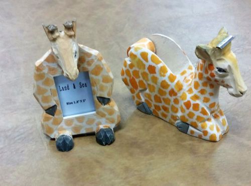 Giraffe tape dispenser &amp; picture frame - hand painted wood desk set accessories for sale