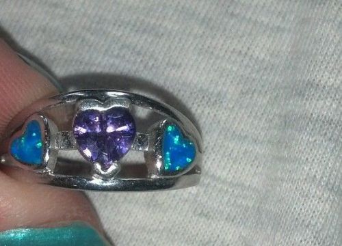 RING 8 Sterling Silver, Australian Fire Opal, Tanzanite &amp; CZ Hearts Love jewelry