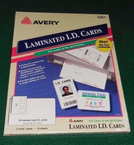 Avery 5361 Laminated Laser/Inkjet I.D. Cards, 2-1/4&#034;x3-1/2&#034;, 30/BX, White