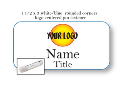 1 white blue name badge color logo centered 2 lines of imprint pin fastener for sale