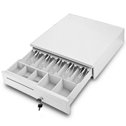 Flexzion pos cash register drawer box (white) rj-11 key lock with 5 bill &amp; co... for sale