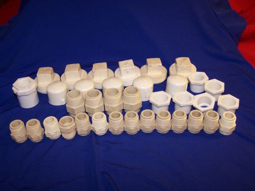 Lot of (36) VARIOUS PIECES AND SIZES  PVC PIPE FITTINGS THREADED PLUGS STOPS ETC