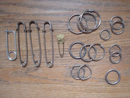 Assorted loose-leaf book binder rings,1 1/2, 1 1/4&#034;, 1&#034;, 3/4, 5/8&#034;, safety pins for sale
