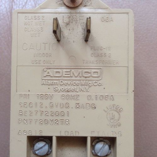 ADEMCO PLUG-IN TRANSFORMER 120 VOLT AC / 12.5 VDC PN#7720V2TR. TESTED OK.