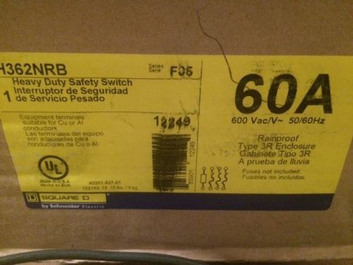 Square d 60 amp disconnect h362nrb fusible nema 3r enclosure 600 volt 3 pole for sale