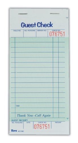 TOPS Guest Check Books, 7 x 3.38 Inch, 1-Part, 50 Sets, 5-Pack, White (45740)