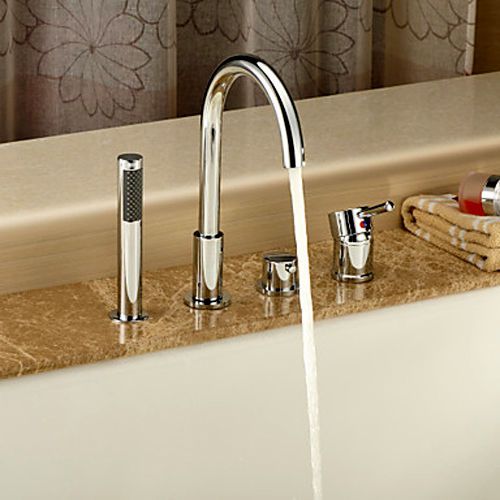 Modern 4 holes widerspread tub filler faucet with handshower in chrome finished for sale