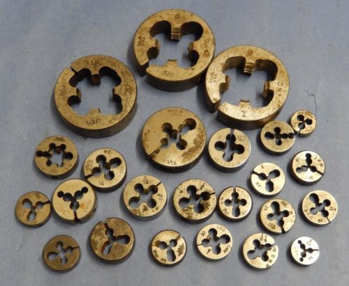 LOT OF 24 VARIOUS MAKE ADJUSTABLE THREADING DIES 3-6 FLUTES FROM 1&#034; TO 3/32&#034;