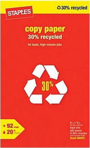 Staples 30% Recycled Legal Size Copy Laser Inkjet Printer Paper, 8 1/2 x 14