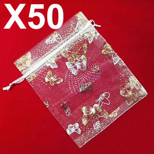 50 MEDIUM white butterfly organza gift candy bags jewellery favour pouches wrap