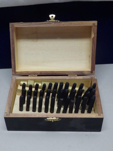 Vintage alphabet and number punch tool set in small wood box.-0702