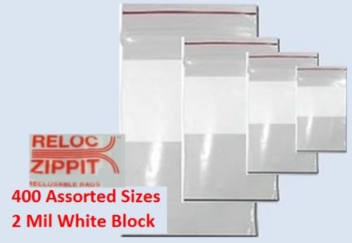 400pc Ziploc/Reloc White Block Lg Reclosable Bags 2mil Assorted Plastic Baggies