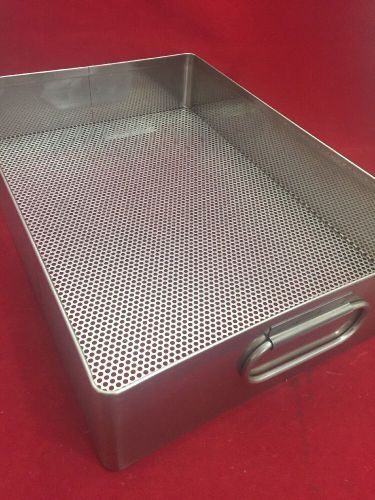 Stainless steel instrument tray w/handles &amp; perforated bottom 15&#034;x10.5&#034;x3.5&#034; for sale