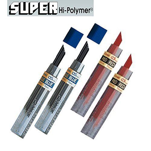 Pentel Lead Refills 0.5mm RED (2pcs.) + Blue (2pcs.), 12 Leads per Tube