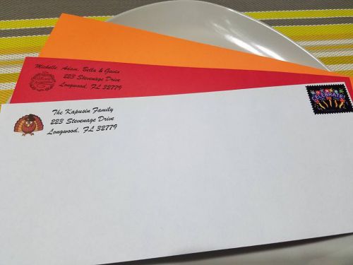 50 Colored Custom Printed Envelopes w/ forever stamp 70 weight,  9.5&#034; x 4.125&#034;