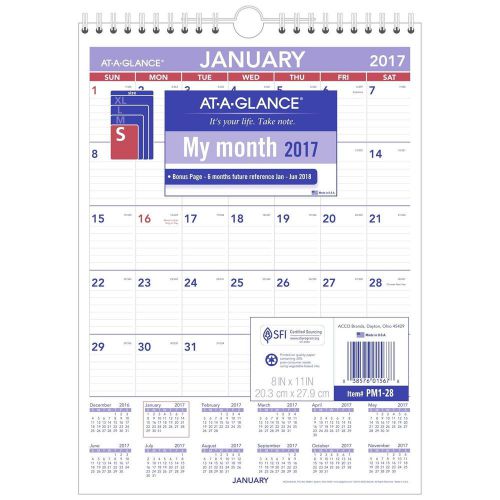 AT-A-GLANCE Wall Calendar 2017 Monthly 8 x 11&#034; Mini-Size Ruled Wirebound (PM1...