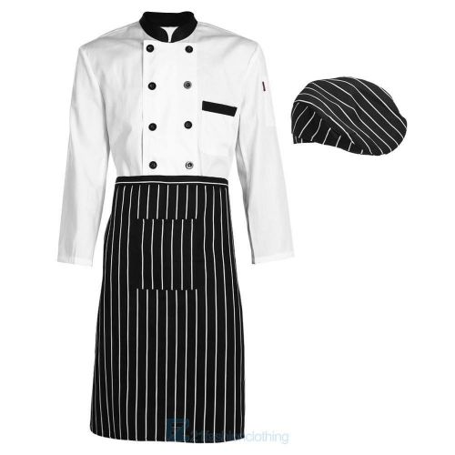 3pcs/set Kitchen Cooker Working Uniform Chef Waiter Waitress Coat+ Hat+ Apron