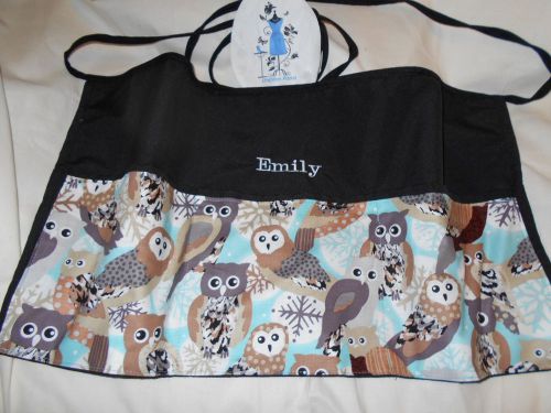 Black Server 3 Pocket Waitress Waist Apron Big Owls Name FREE Lady Pizazz