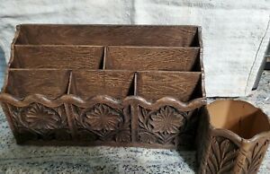 Vintage Lerner Faux Wood plant design Desk Organizer Mail Holder With Pencil Cup