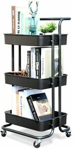 3 Tier Rolling Cart ENUOSUMA Storage Trolley Basket Drawers Wheels Handle Black
