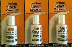 3 BIC COVER-IT White Out Correction Fluid Multi Purpose Liquid Paper .7fl/20ml