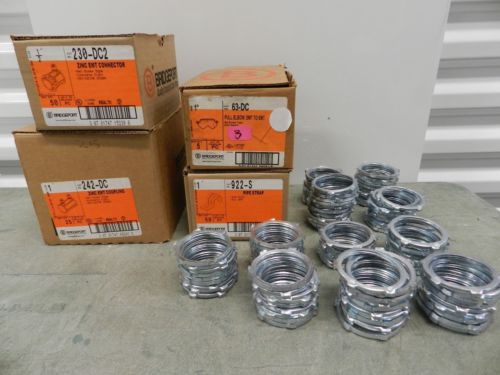 Lot of 229 bridgeport electrical conduit connectors couplings and pipe straps for sale