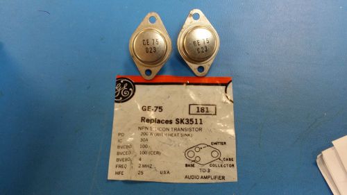 (2 pcs) ge-75 (equal sk3511&amp;nte181) trans gp bjt npn 90v 30a 3-pin(2+tab) to-3 for sale