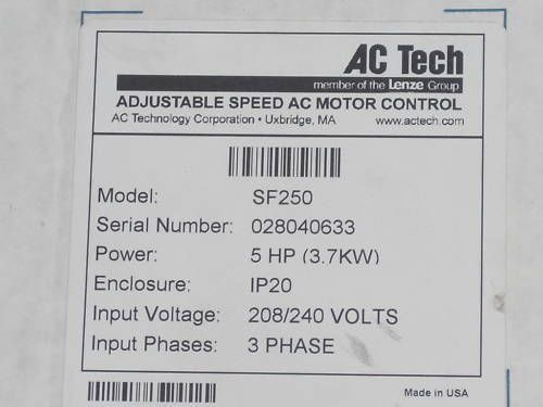 AC TECH ADJUSTABLE SPPED AC MOTOR CONTROL SF250