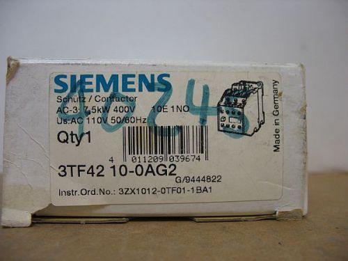 Siemens 3TF42 10-0AG2, 3 Pole 7.5 KW Contactor, 110V Coil 3TF42100AG2 New