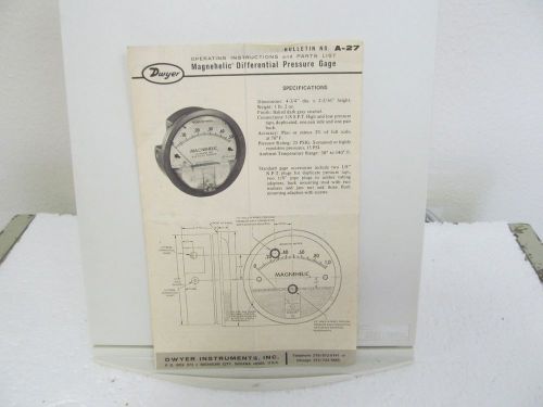 Dwyer magnehelic differential pressure gage operating instruction &amp; parts list for sale