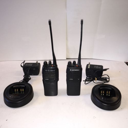 Lot of 2 Motorola HT750 UHF 4 Channel Portable Two-Way Radios with chargers